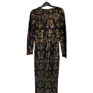 Women's Small Evening Black Gold Dress Embroidered Beaded Long Sleeves